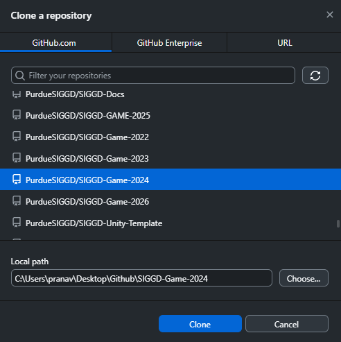 GitHub Desktop clone dialog on the GitHub.com tab