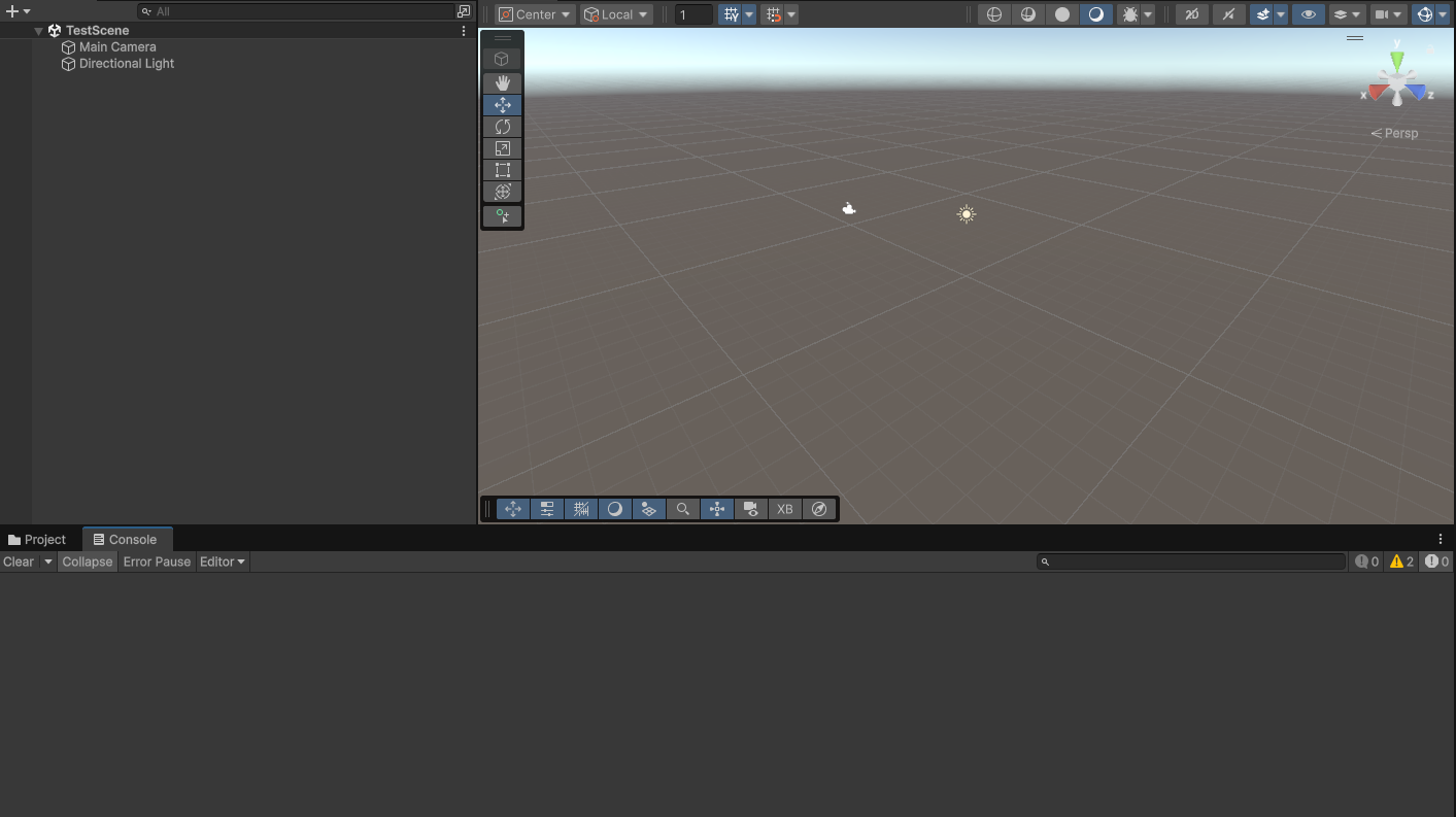 The Unity editor with a scene loaded and a clean Console
