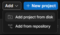 Unity Hub Projects tab with the Add dropdown open