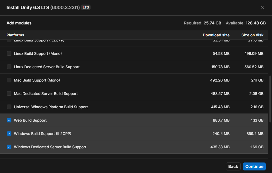 Unity Hub module selection with build support ticked