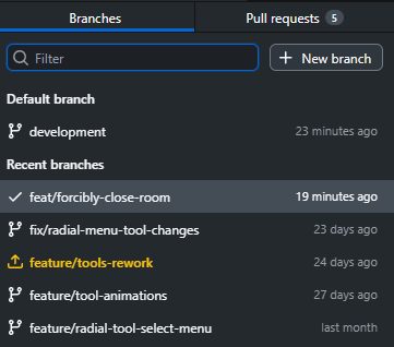 The Current Branch dropdown open, listing several branches