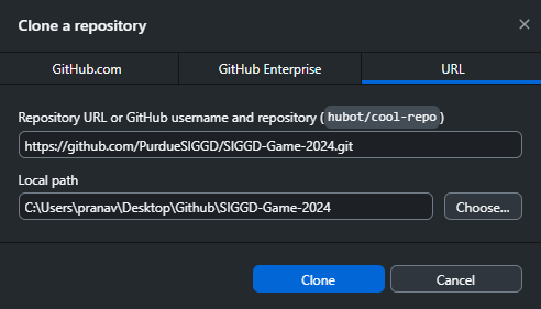 GitHub Desktop clone dialog with a repository URL pasted into the URL tab