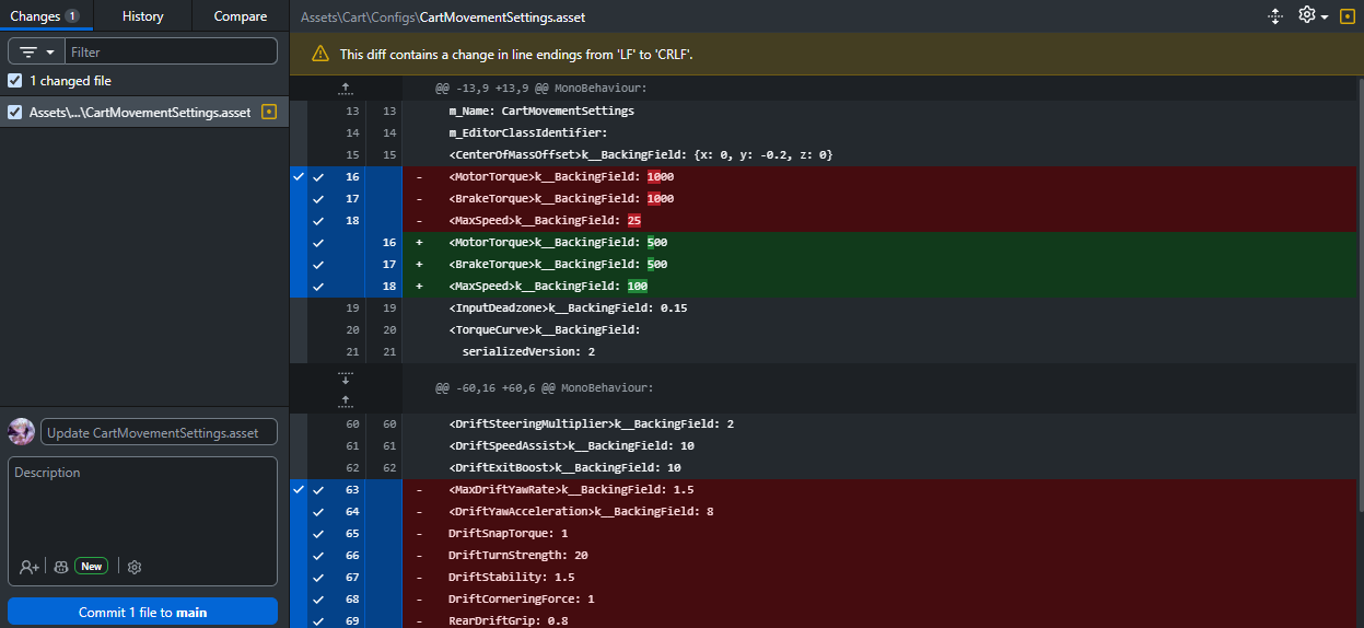 The GitHub Desktop interface with the Changes tab, file list, diff panel and commit box labelled