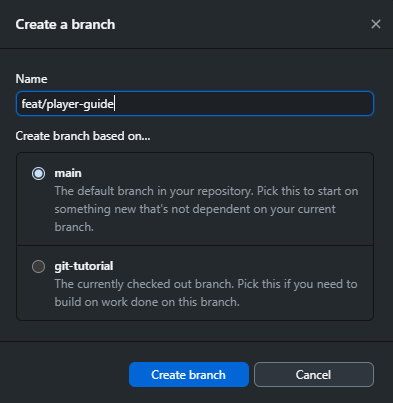 The new branch dialog with a name entered and main selected as the base