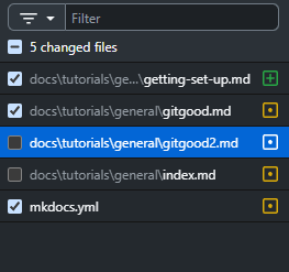 The Changes tab with some files checked and others unchecked