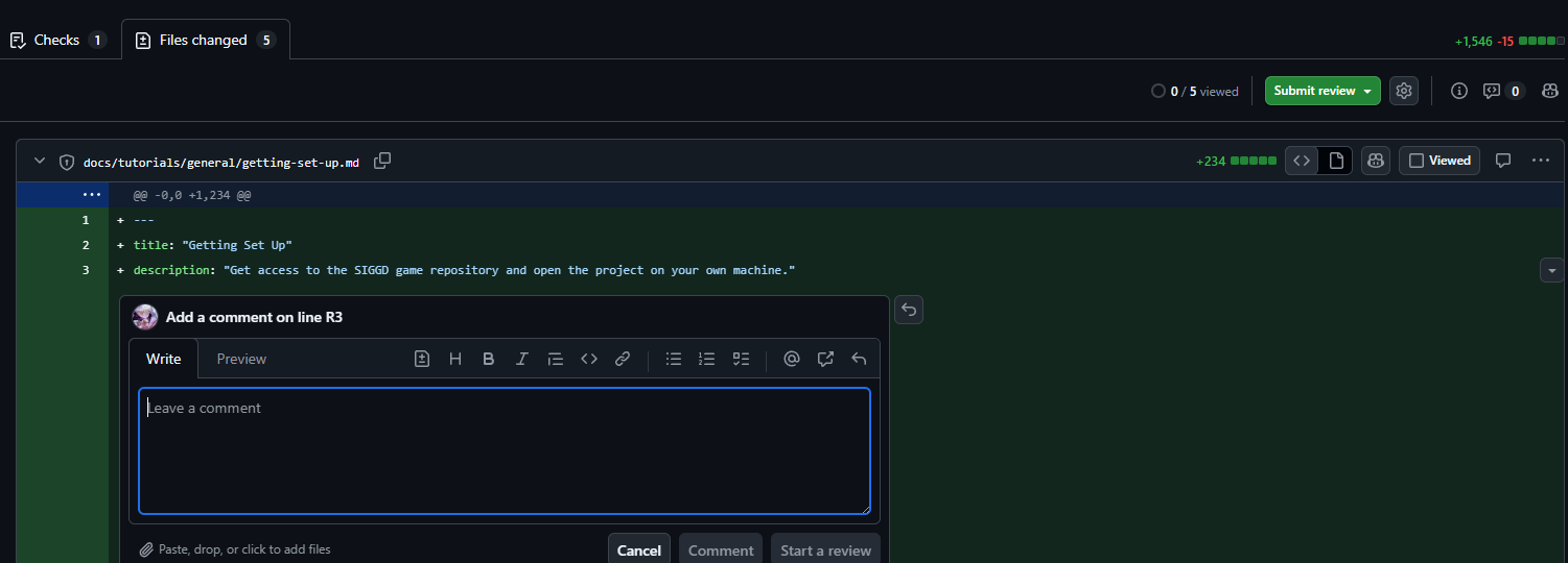 The Files changed tab with a comment box open on a line of code